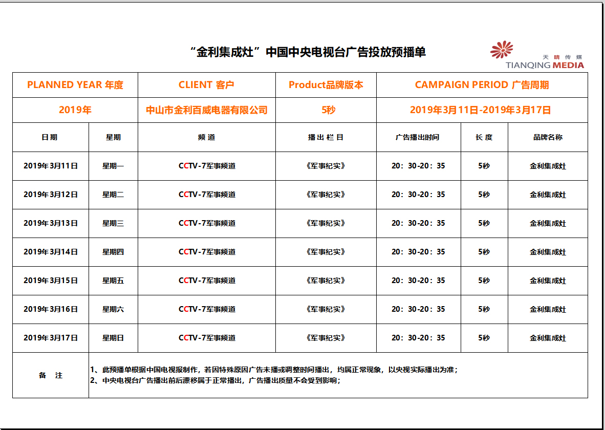 關(guān)于金利集成灶央廣視頻播出時間調(diào)整通知